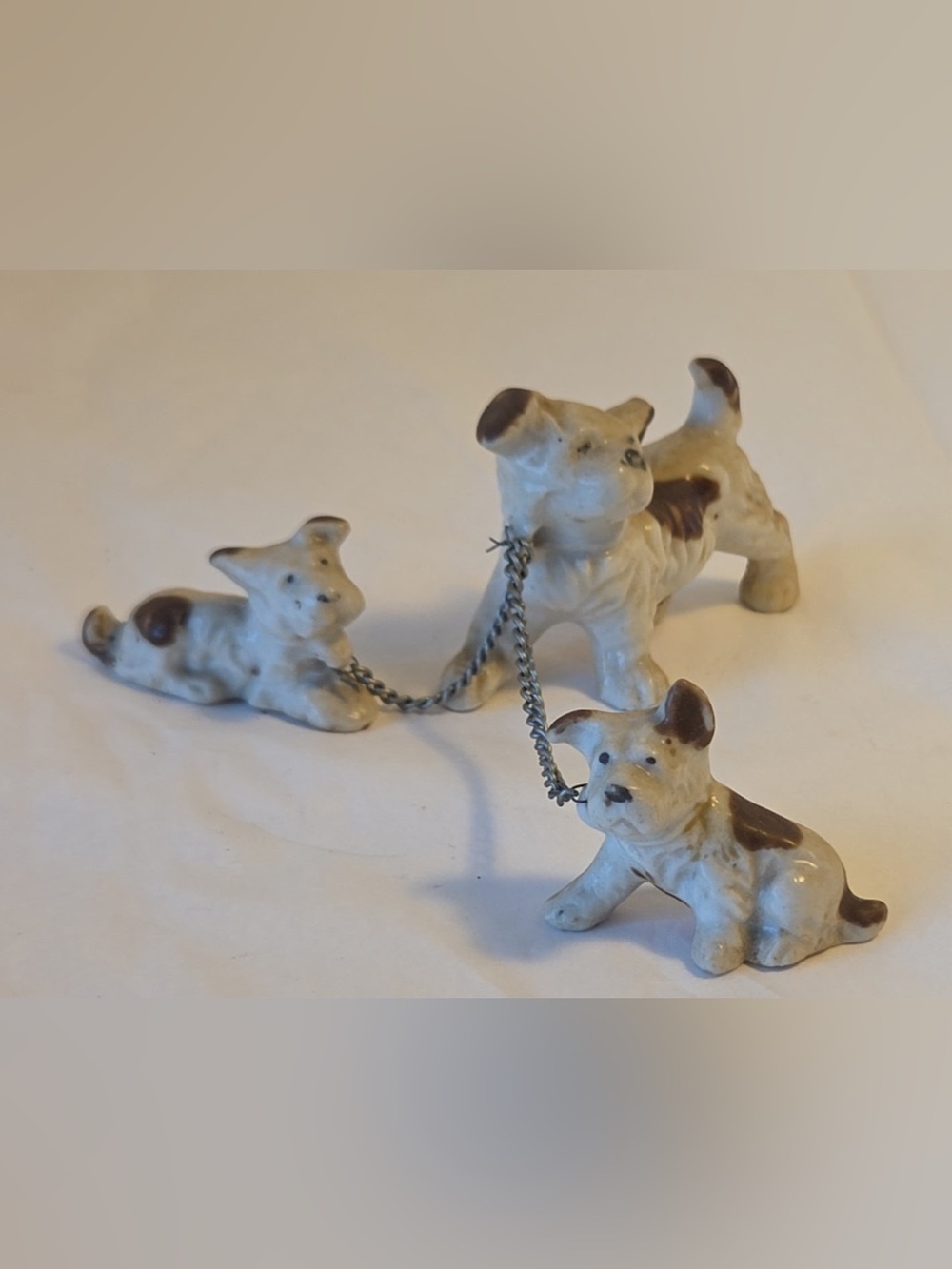 Vintage Porcelain Dogs On Leash Made In Japan Miniature Figurines Set Of 3